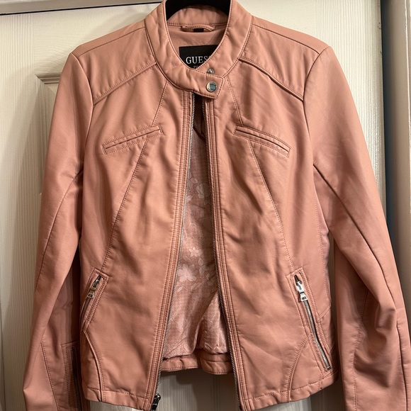 Guess Jackets & Blazers - Guess Faux Leather Moto Jacket NWOT. Gorgeous on! Fitted. Medium. Rose pink.